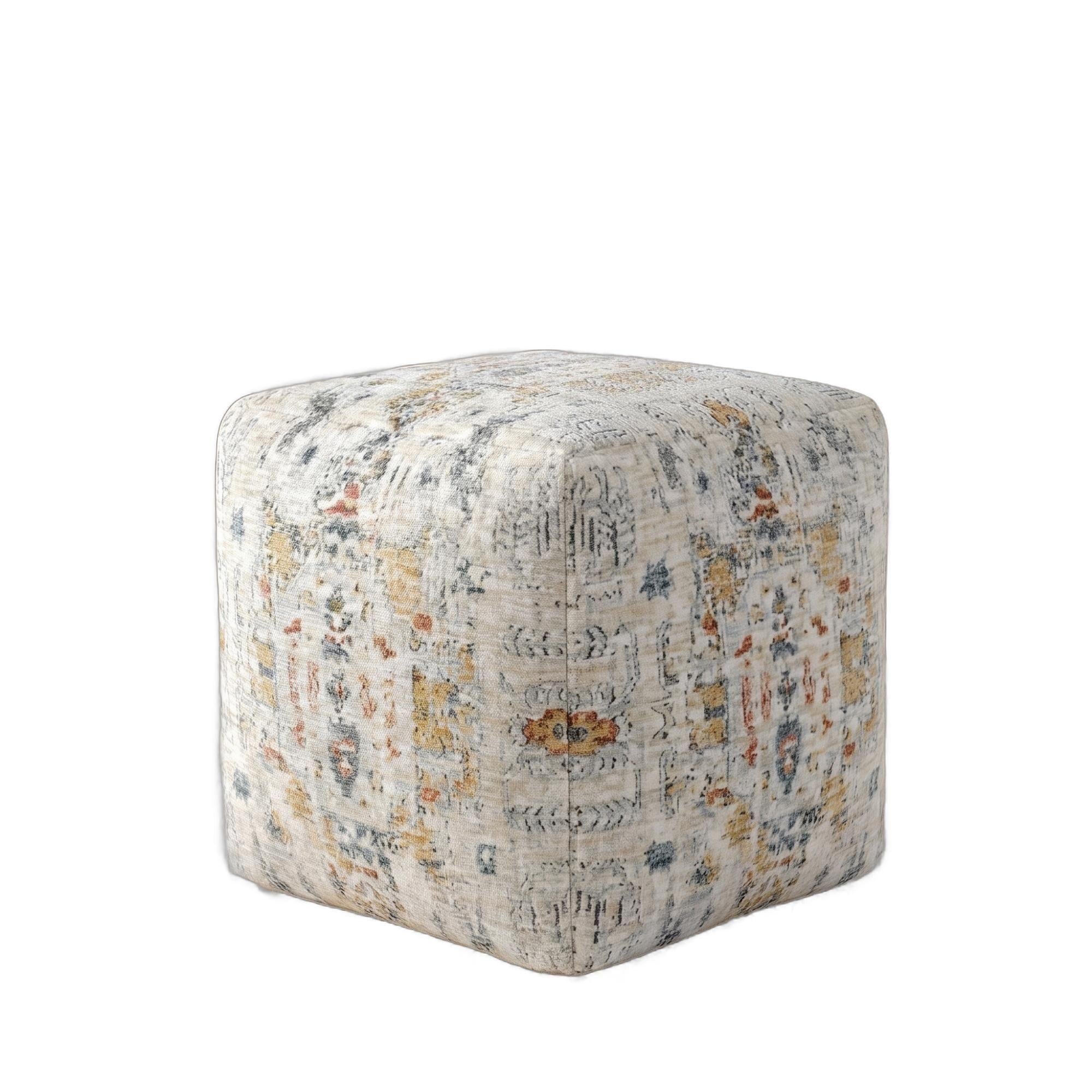 18" Ivory and Light Gray Upholstered Medallion Pouf Ottoman
