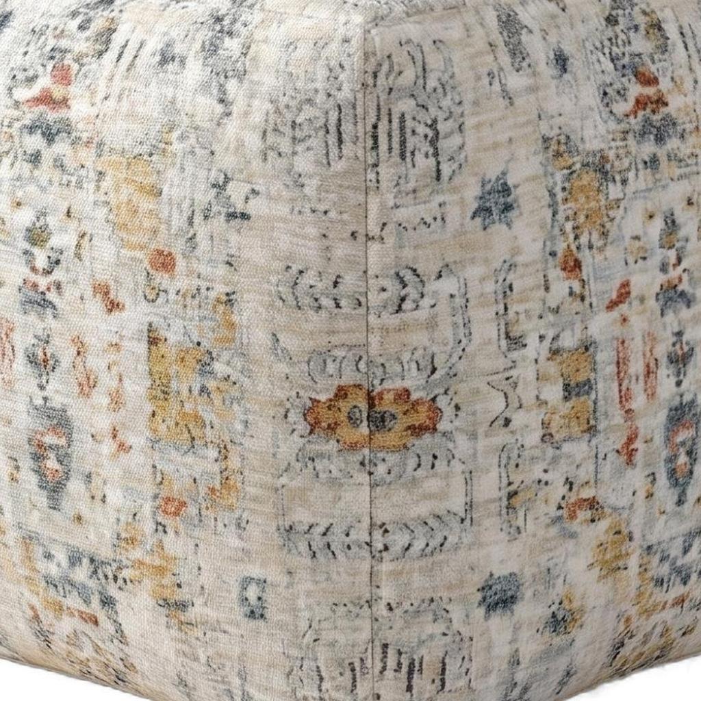 18" Ivory and Light Gray Upholstered Medallion Pouf Ottoman
