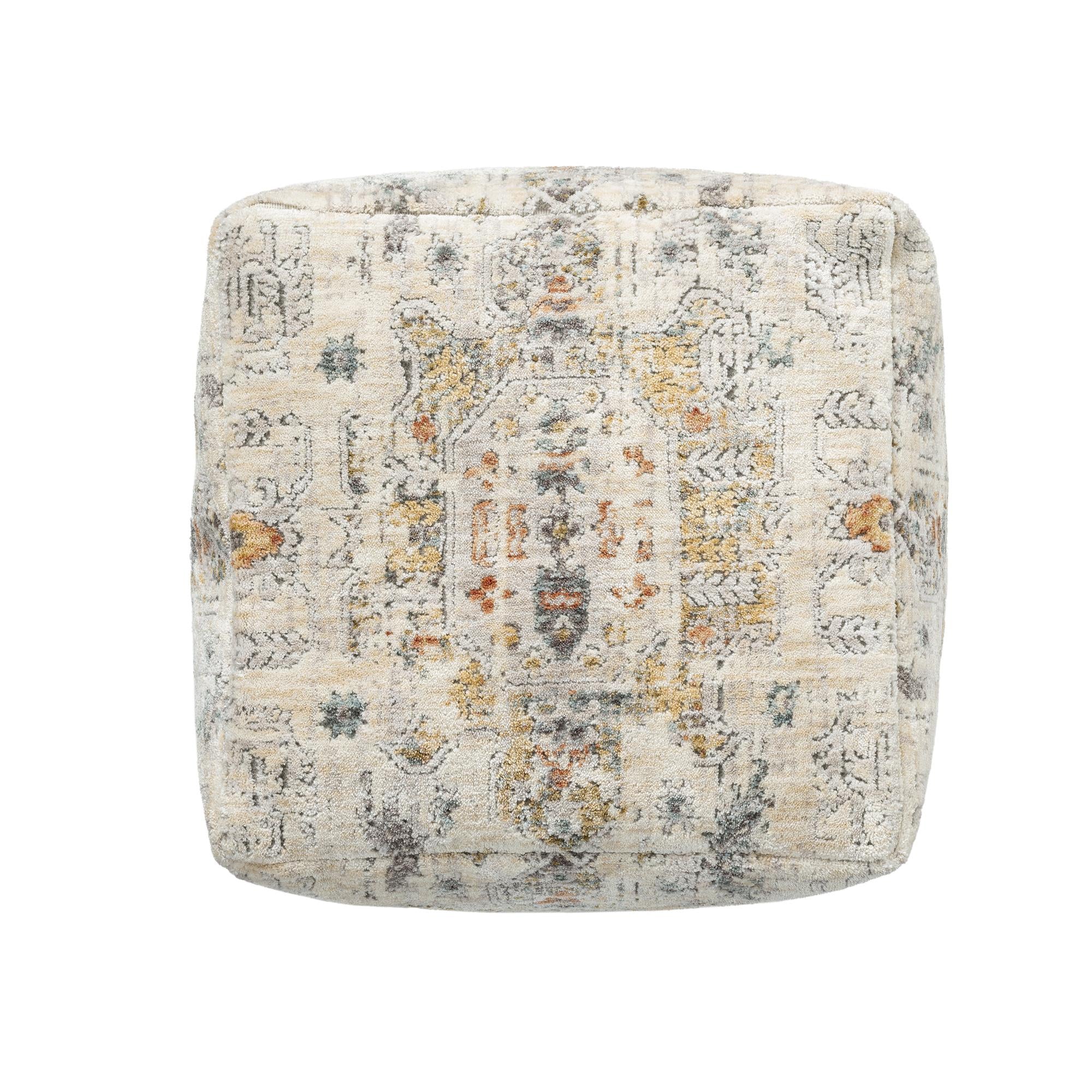 18" Ivory and Light Gray Upholstered Medallion Pouf Ottoman