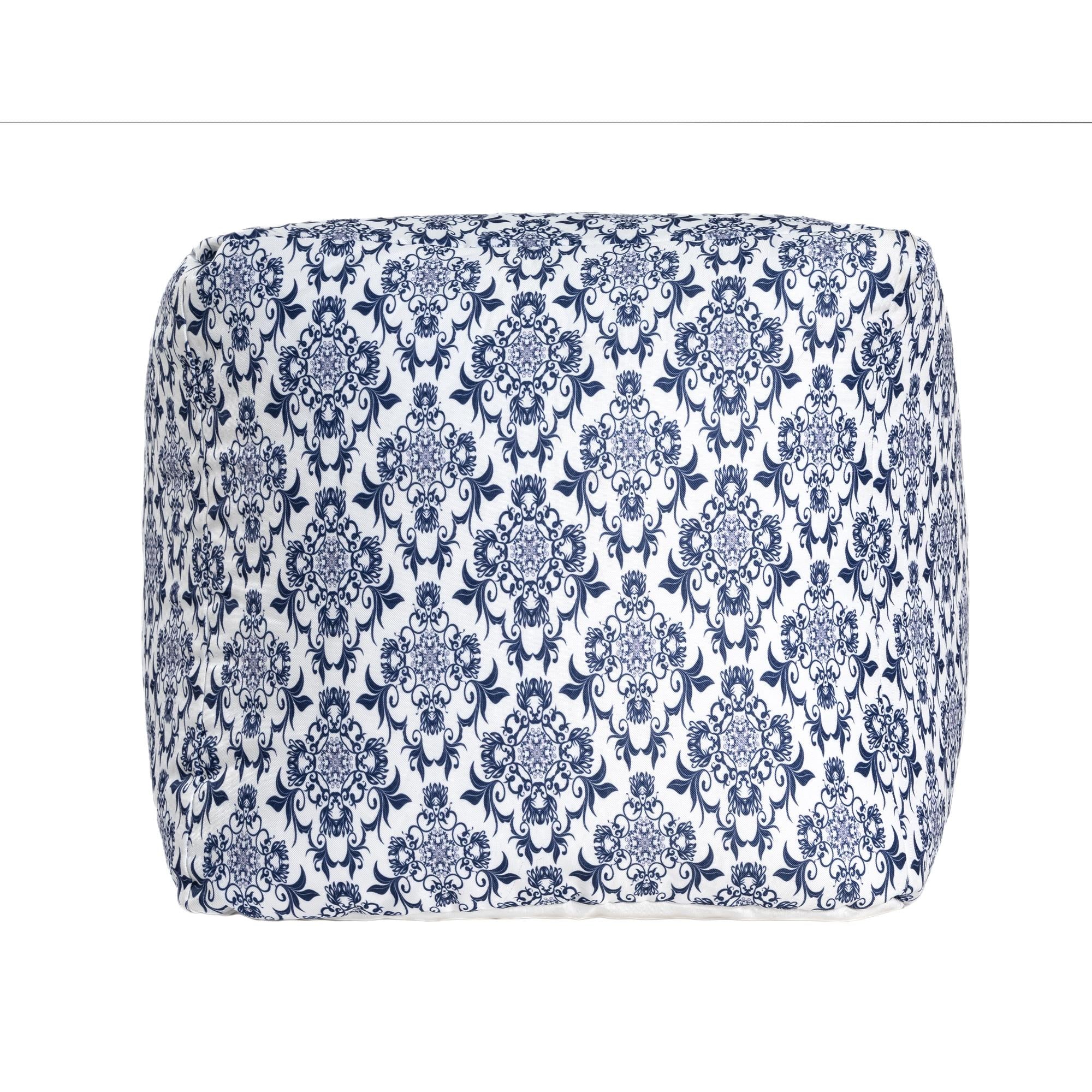 18" Blue and White Cotton Floral Pouf Ottoman