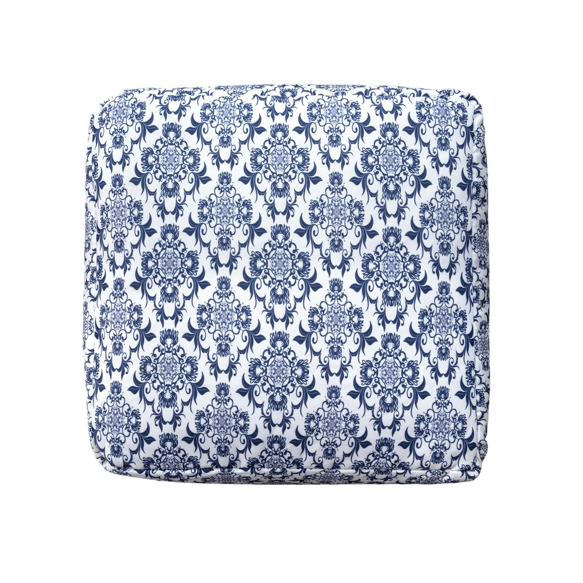 18" Blue and White Cotton Floral Pouf Ottoman