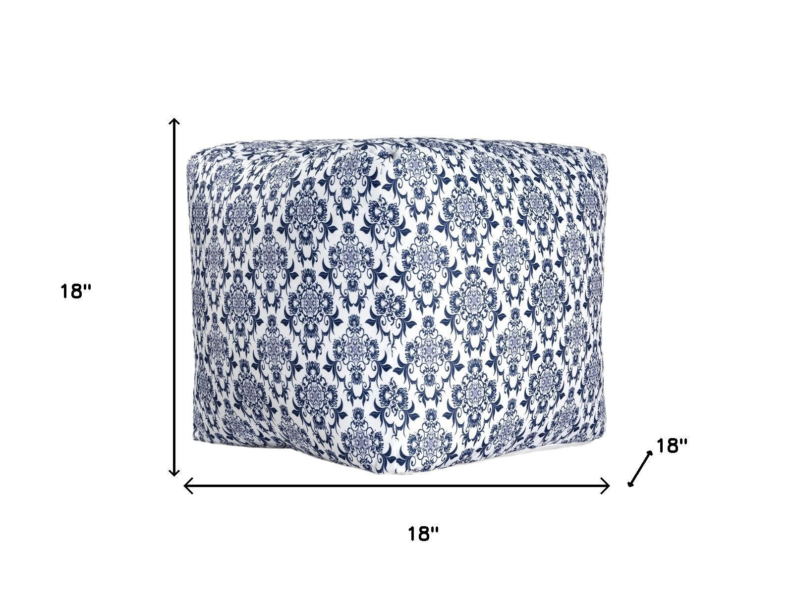 18" Blue and White Cotton Floral Pouf Ottoman