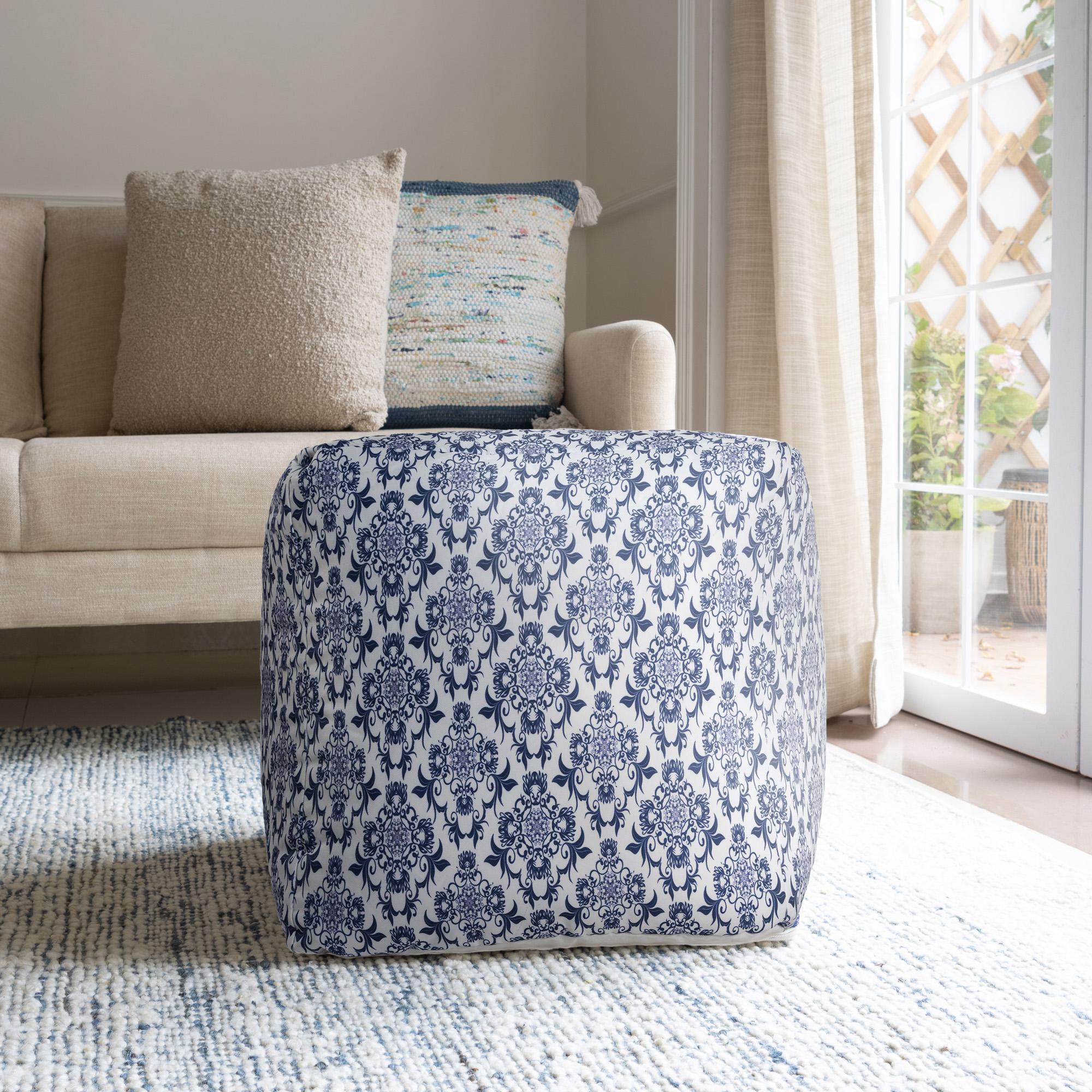 18" Blue and White Cotton Floral Pouf Ottoman