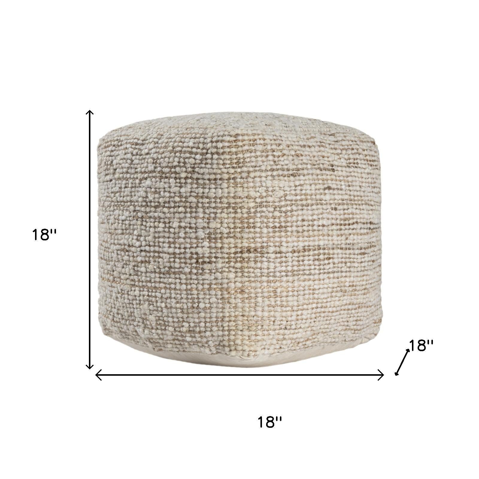 18" Ivory Cotton Wool And Jute Striped Pouf Ottoman