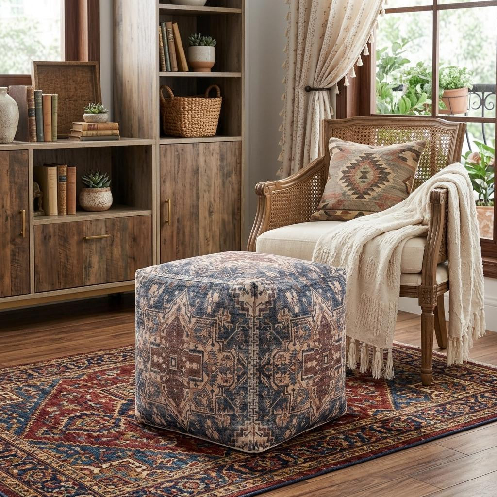 18" Navy Blue and Terra Cotta Upholstered Medallion Pouf Ottoman