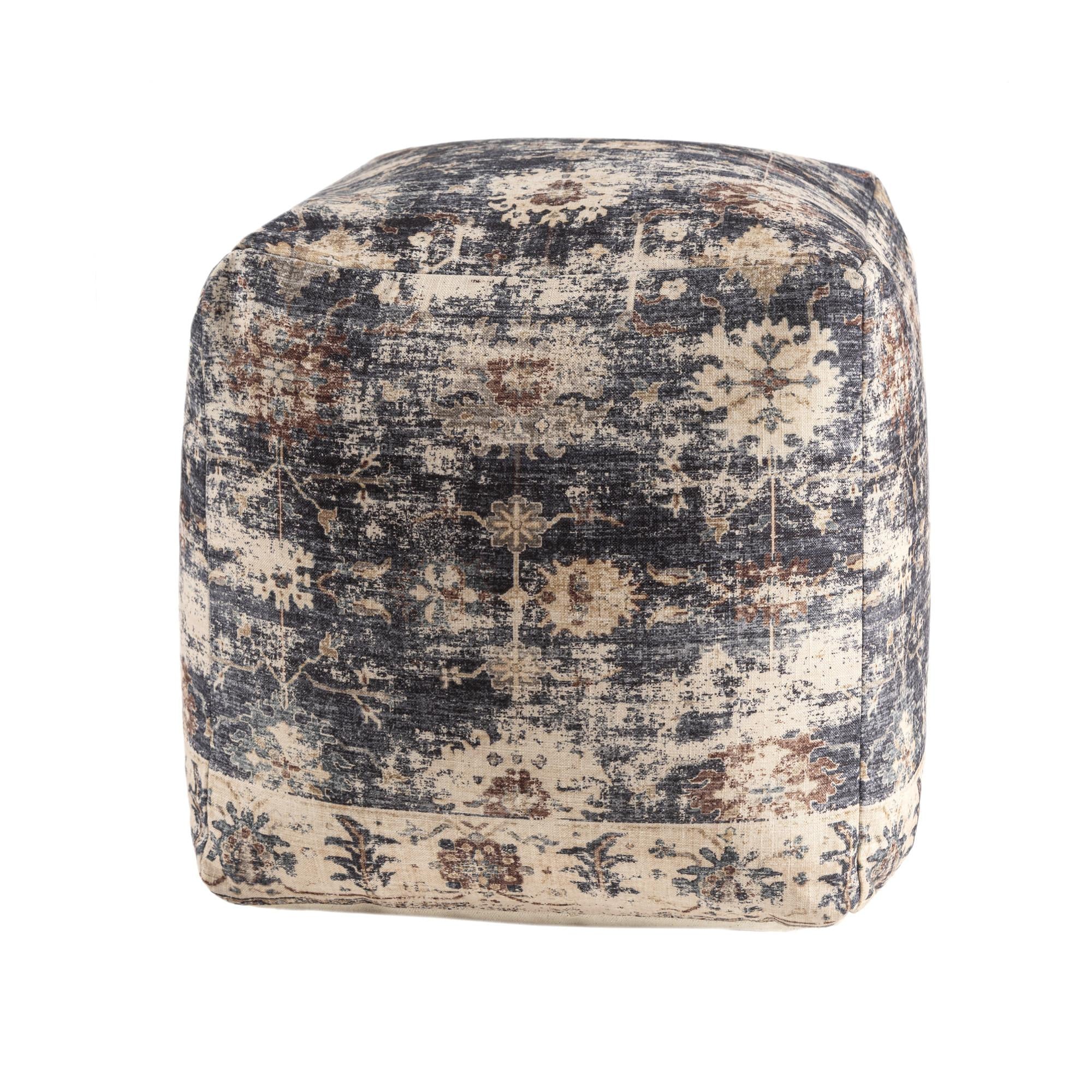 18" Navy Blue and Tan Upholstered Medallion Pouf Ottoman