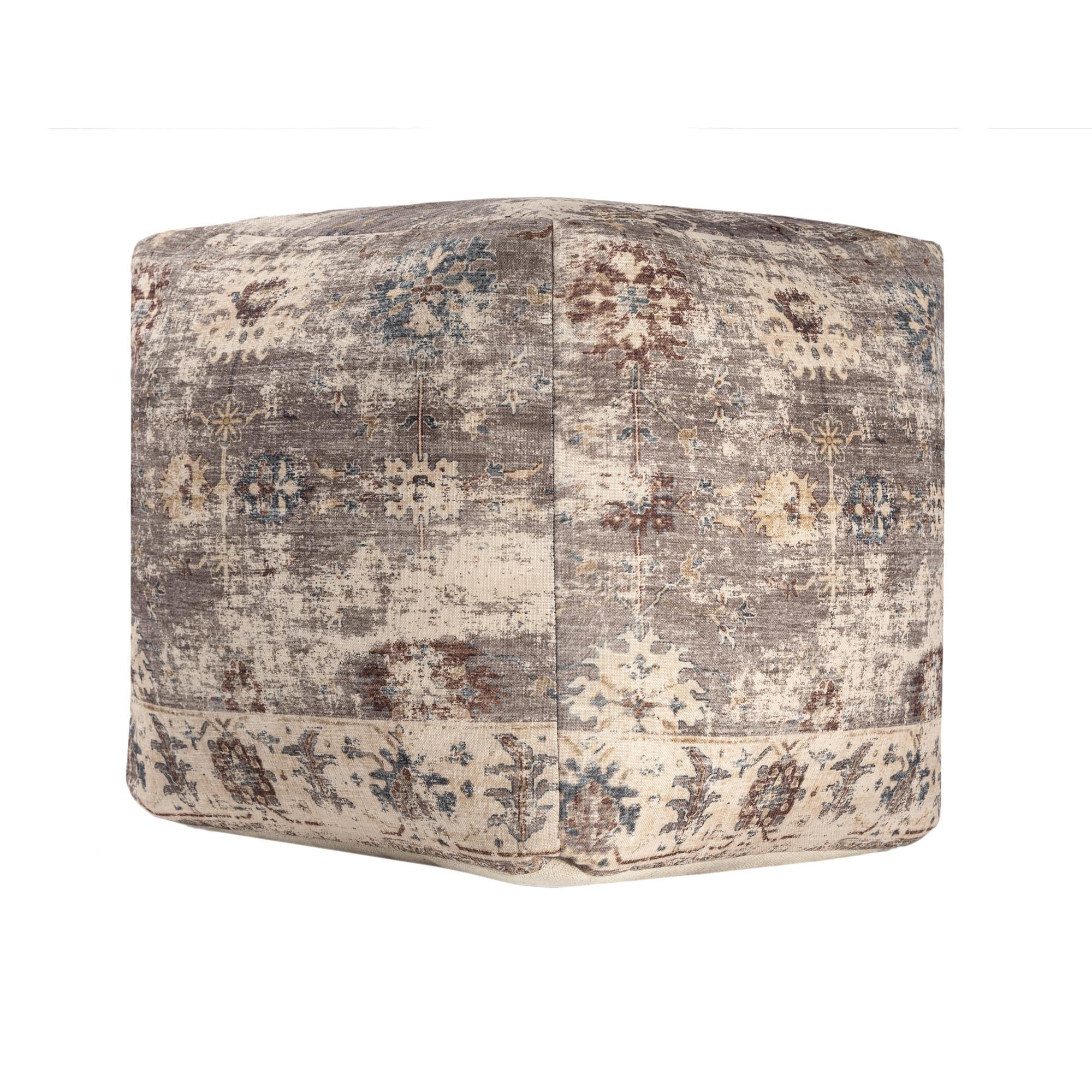 18" Ivory and Taupe Upholstered Medallion Pouf Ottoman