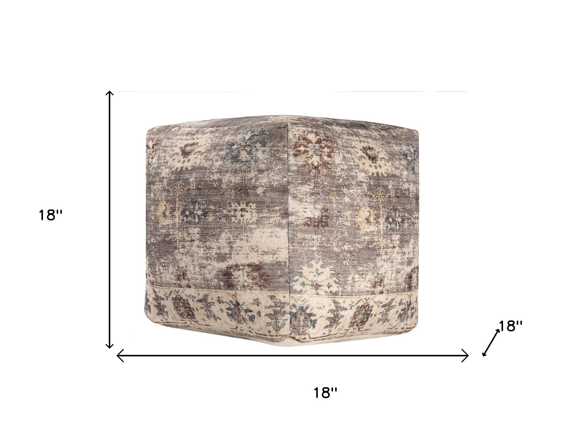 18" Ivory and Taupe Upholstered Medallion Pouf Ottoman