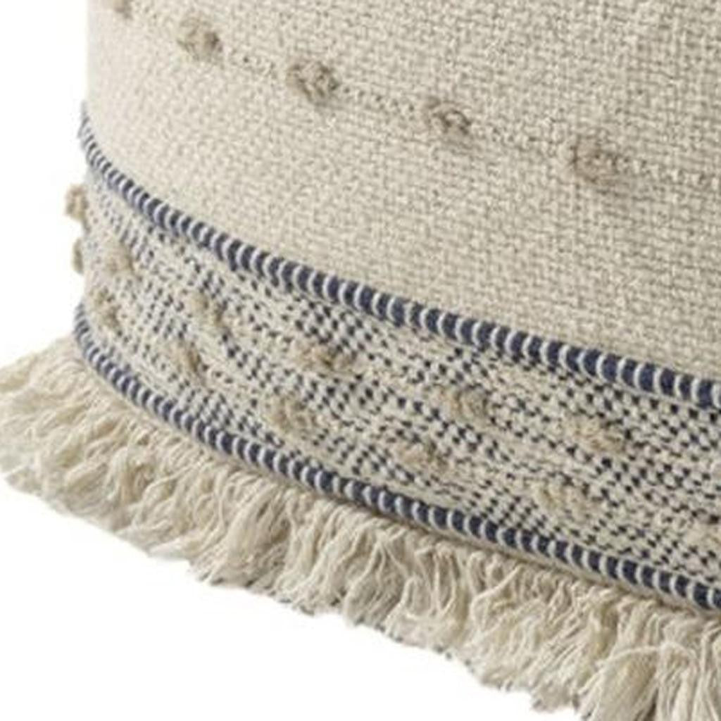 18" Ivory and Navy Blue Cotton and Wool Striped Pouf Ottoman