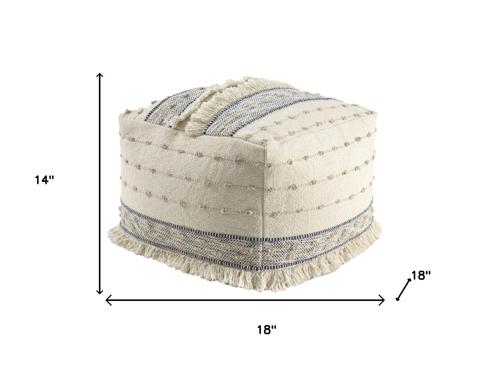 18" Ivory and Navy Blue Cotton and Wool Striped Pouf Ottoman