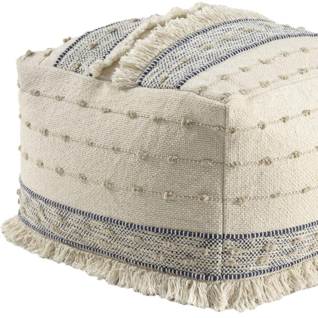 18" Ivory and Navy Blue Cotton and Wool Striped Pouf Ottoman