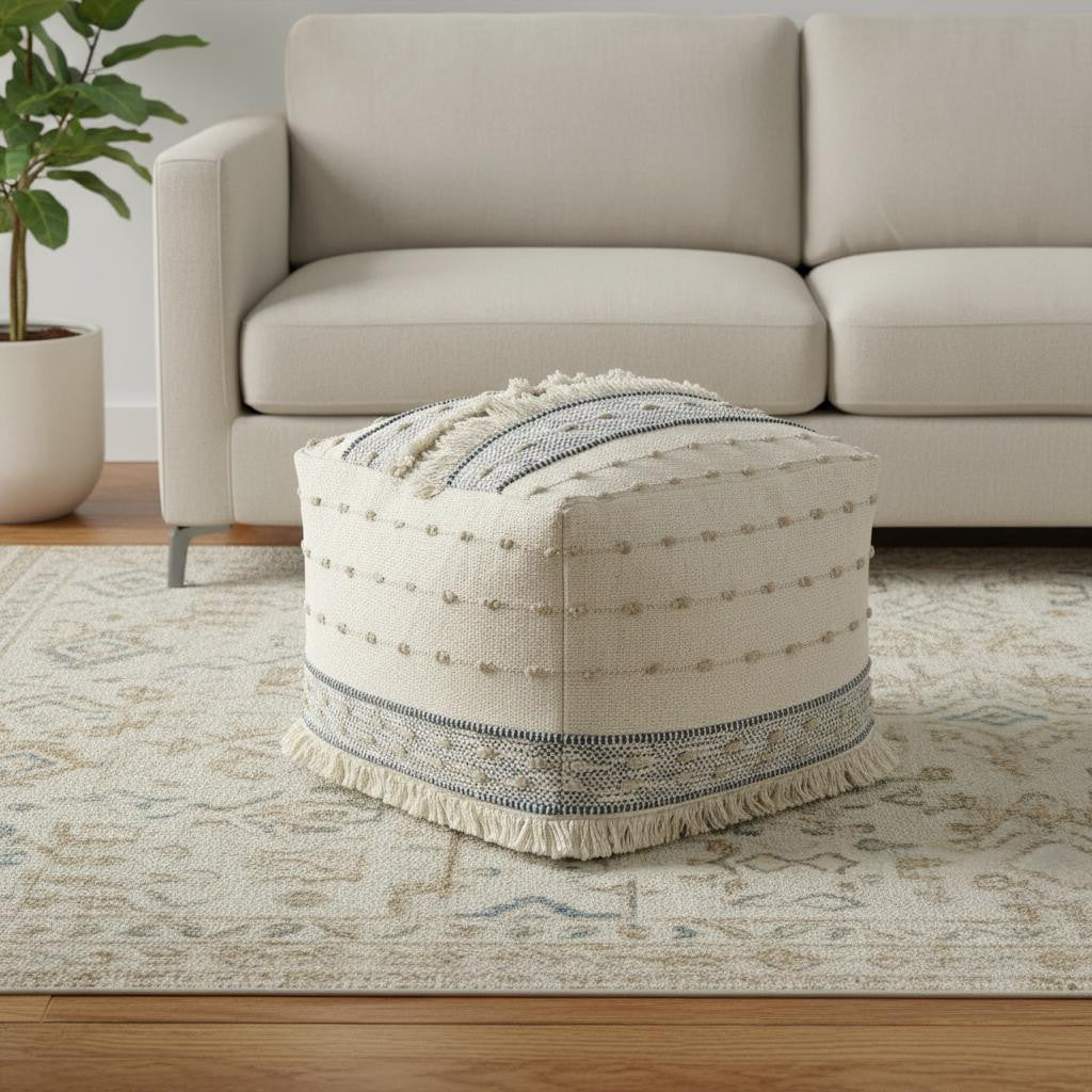 18" Ivory and Navy Blue Cotton and Wool Striped Pouf Ottoman