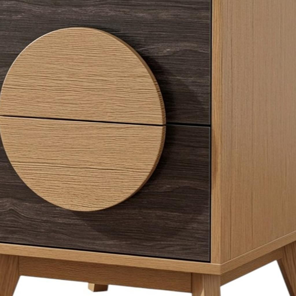 Set of Two 21" Oak And Dark Brown Solid Wood Square Two Drawer Nightstands