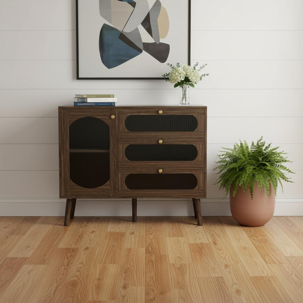 40" Brown Wood Three Drawer Sideboard With Glass Doors