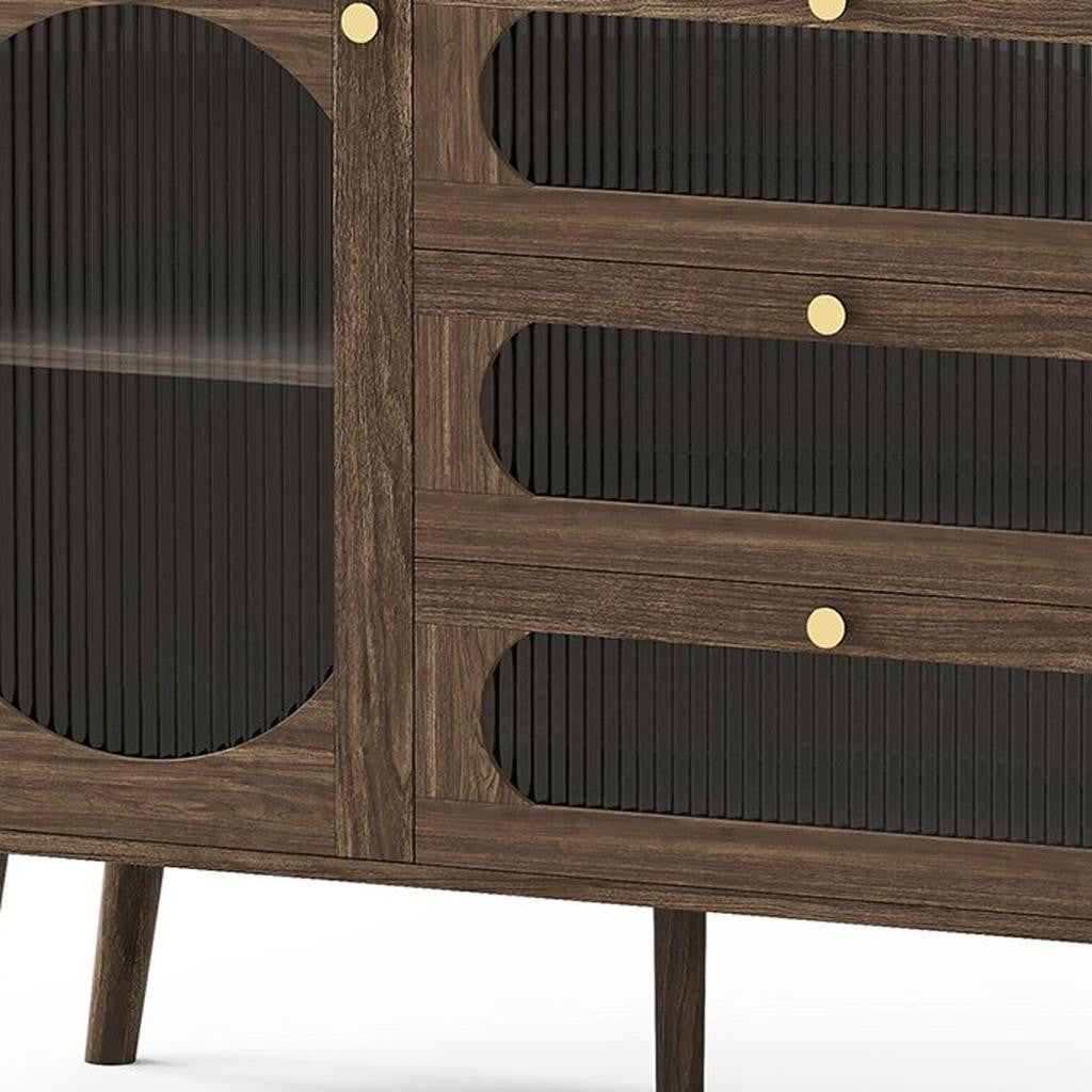 40" Brown Wood Three Drawer Sideboard With Glass Doors