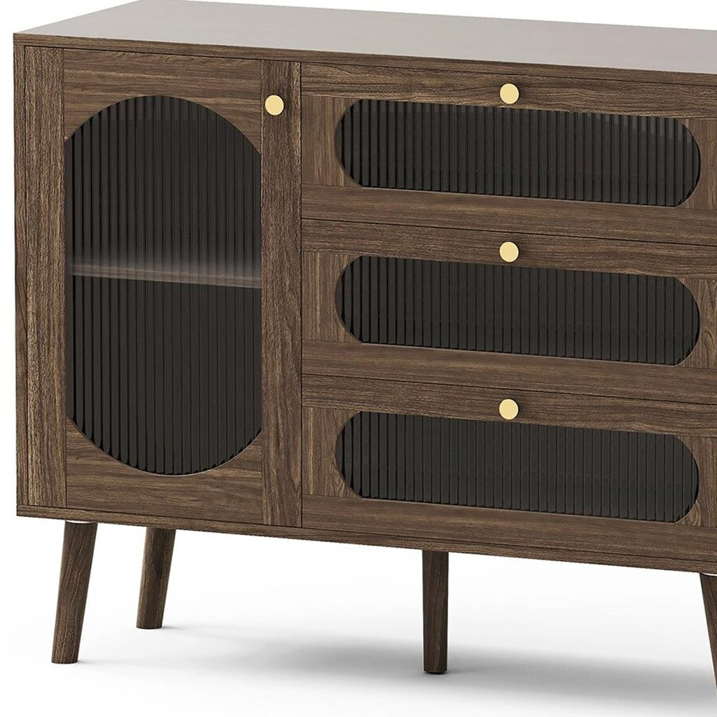 40" Brown Wood Three Drawer Sideboard With Glass Doors