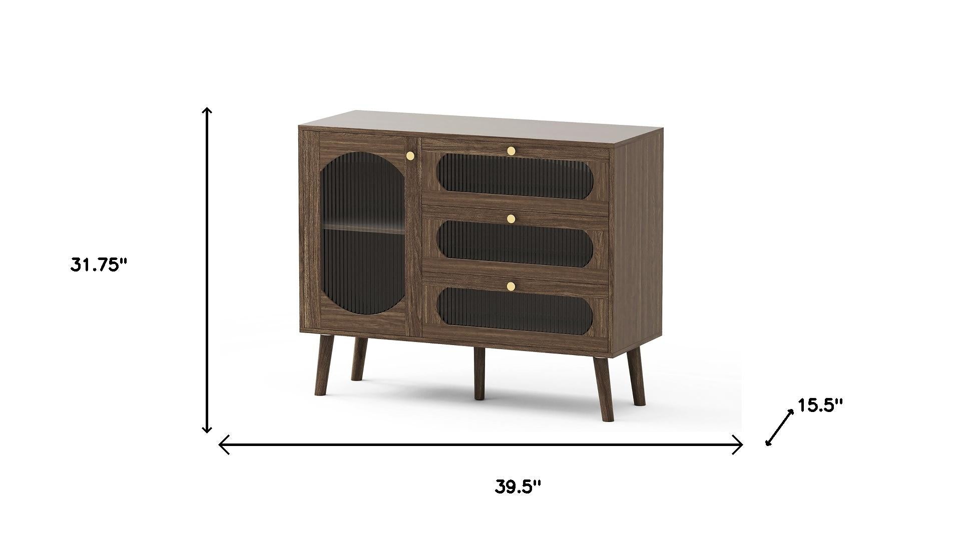 40" Brown Wood Three Drawer Sideboard With Glass Doors