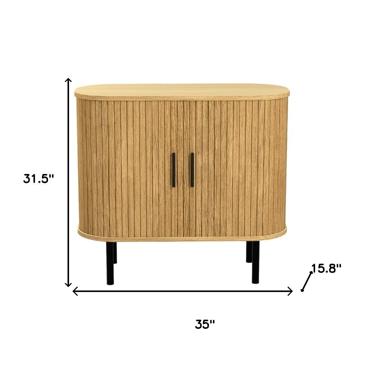 35" Natural Wood Ribbed Texture Sideboard With Two Sliding Doors