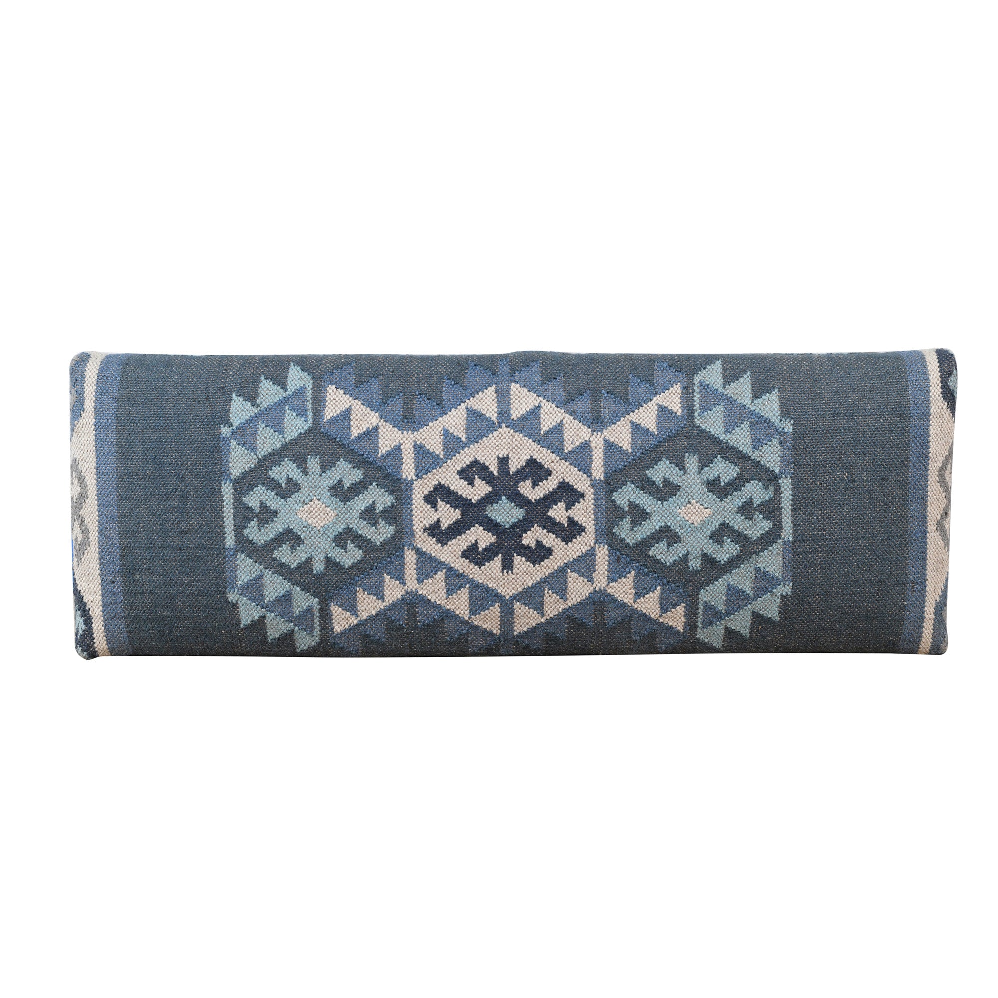 47" Blue and Brown Geometric Jute and Solid Wood Upholstered Bench