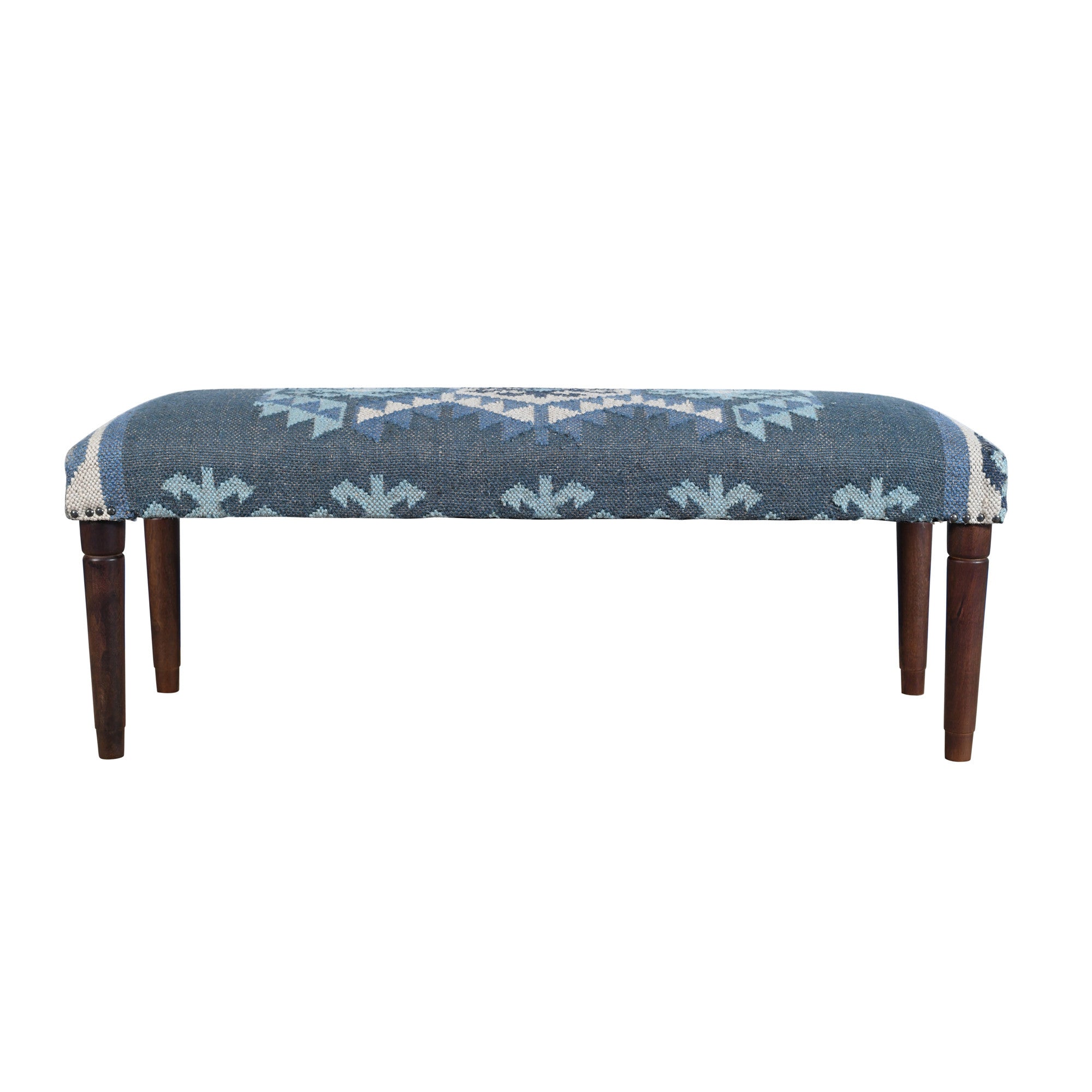 47" Blue and Brown Geometric Jute and Solid Wood Upholstered Bench