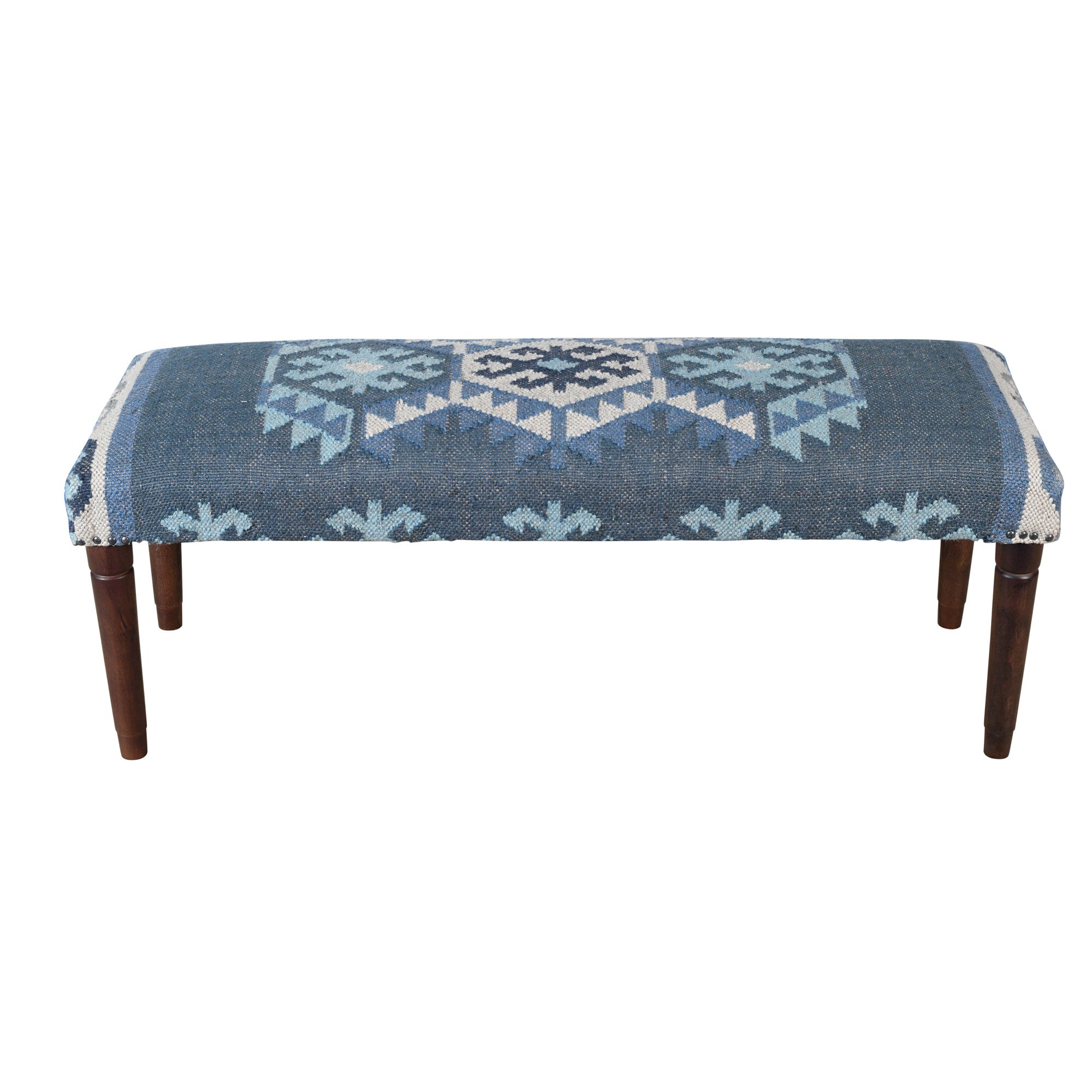 47" Blue and Brown Geometric Jute and Solid Wood Upholstered Bench