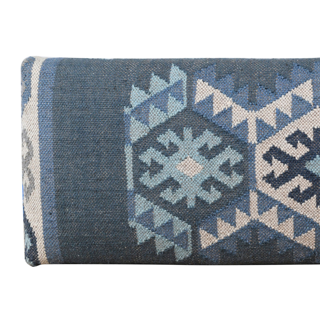 47" Blue and Brown Geometric Jute and Solid Wood Upholstered Bench