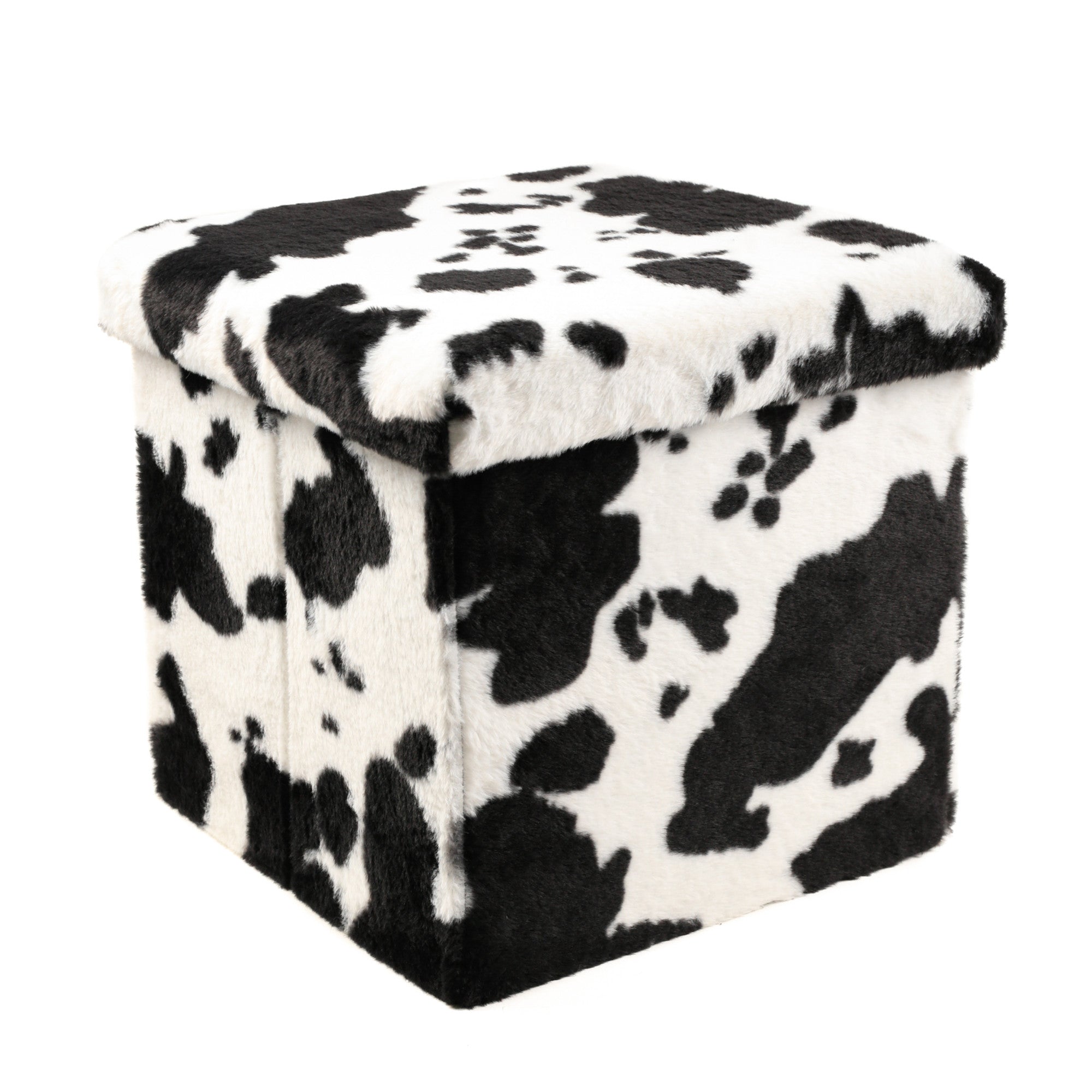 12" Black and White Faux Fur Cow Print Storage Ottoman