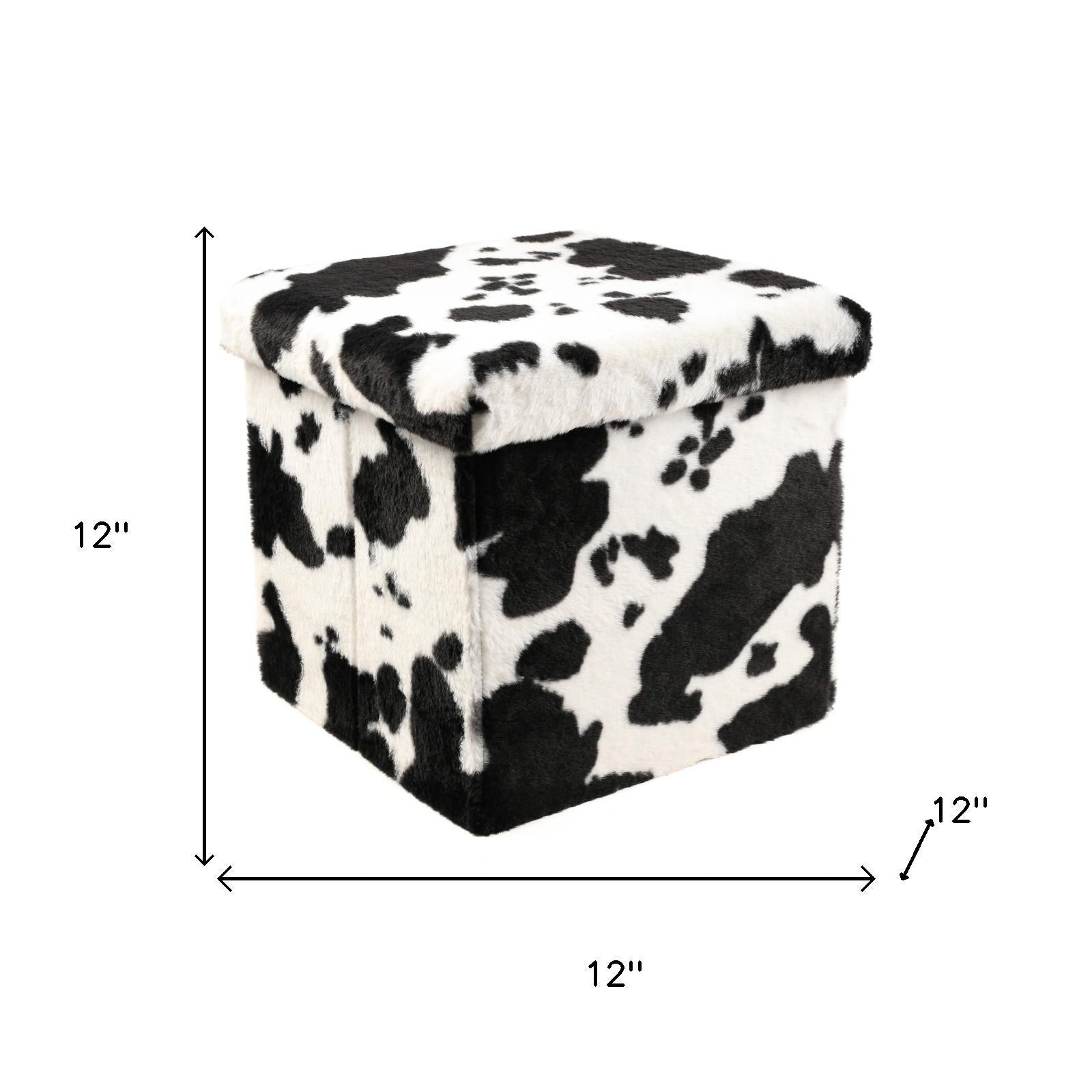 12" Black and White Faux Fur Cow Print Storage Ottoman