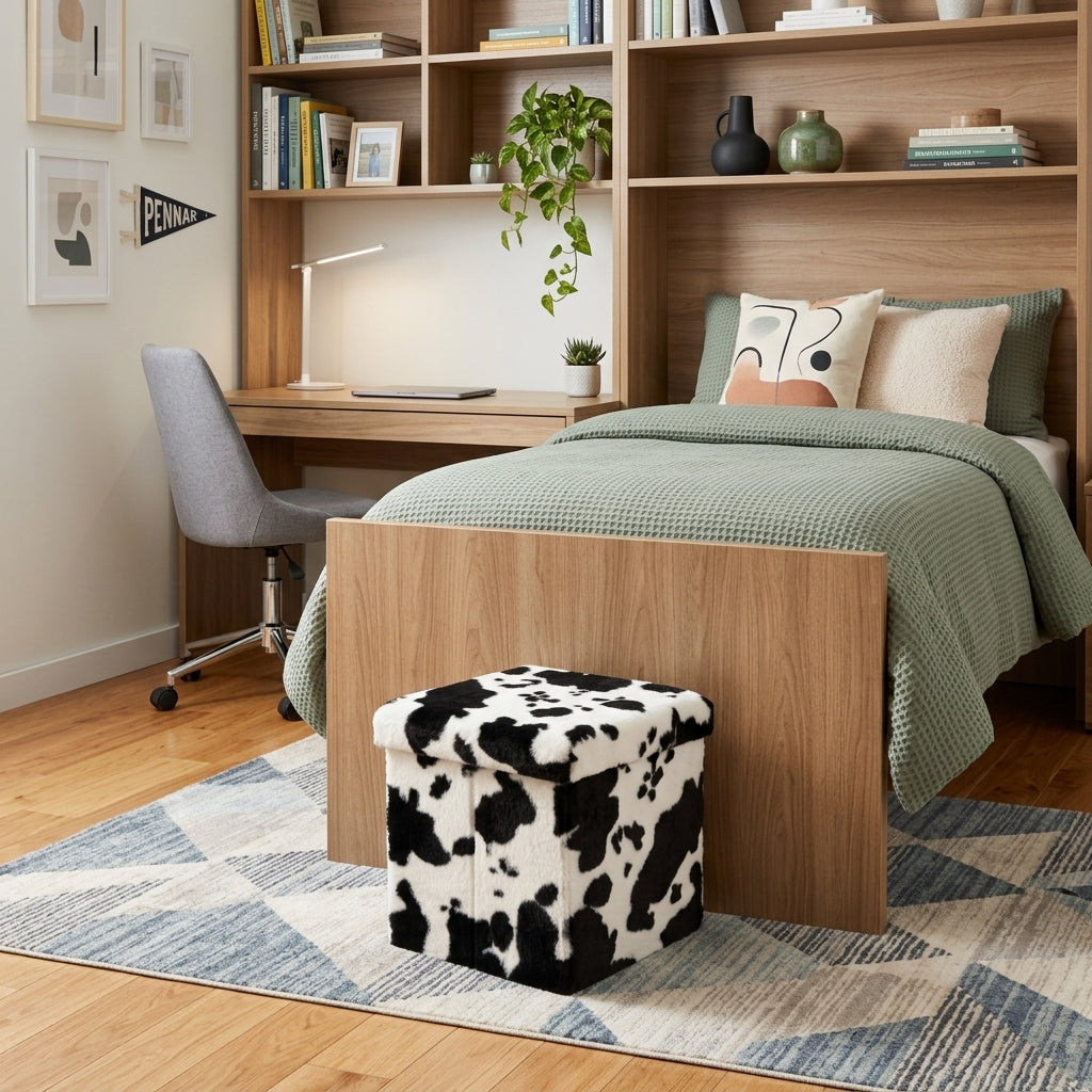 12" Black and White Faux Fur Cow Print Storage Ottoman