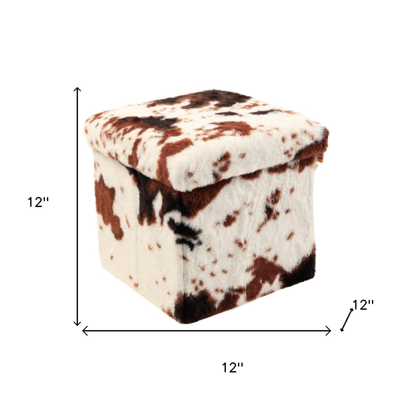 12" Brown and White Faux Fur Cow Print Storage Ottoman