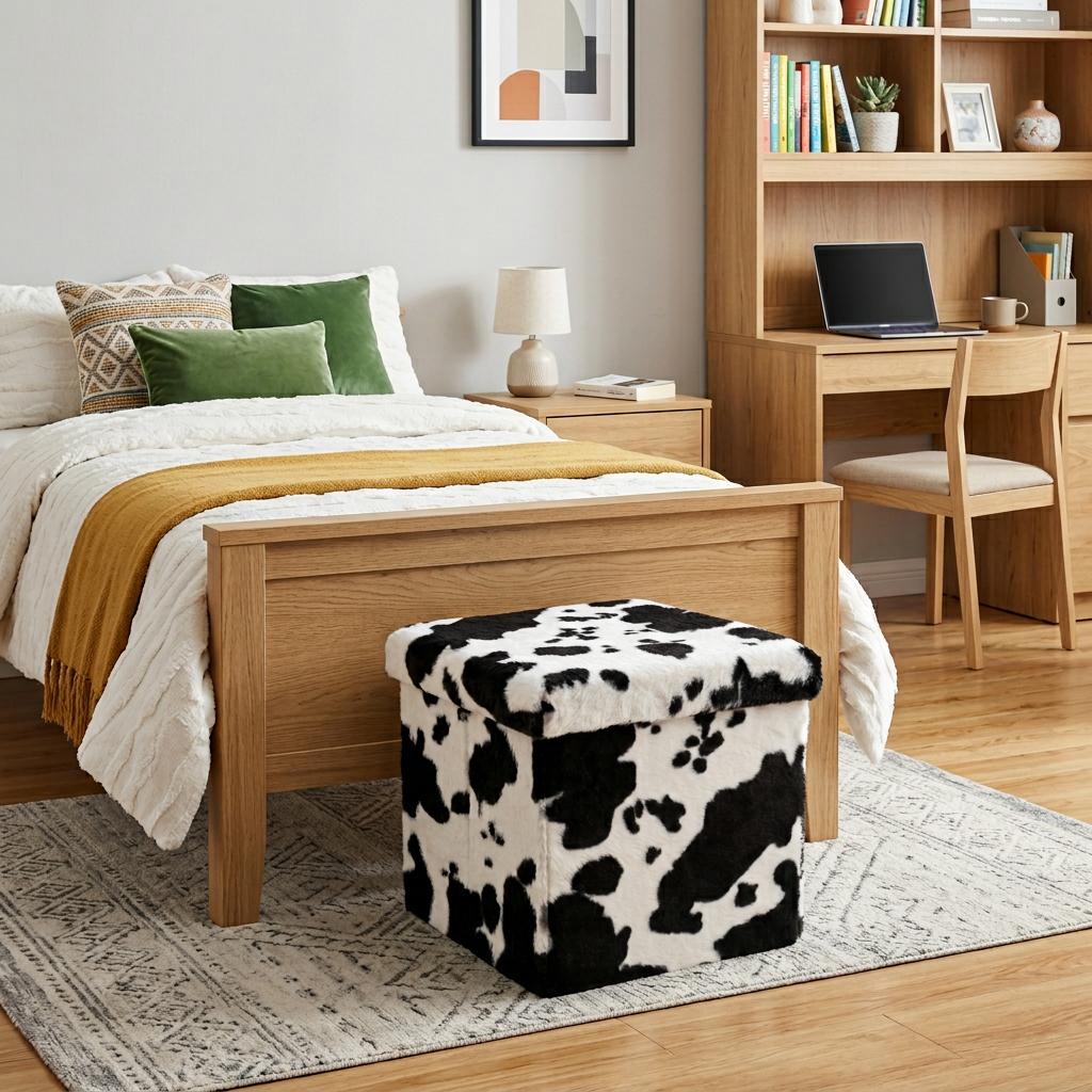 15" Black and White Faux Fur Cow Print Storage Ottoman