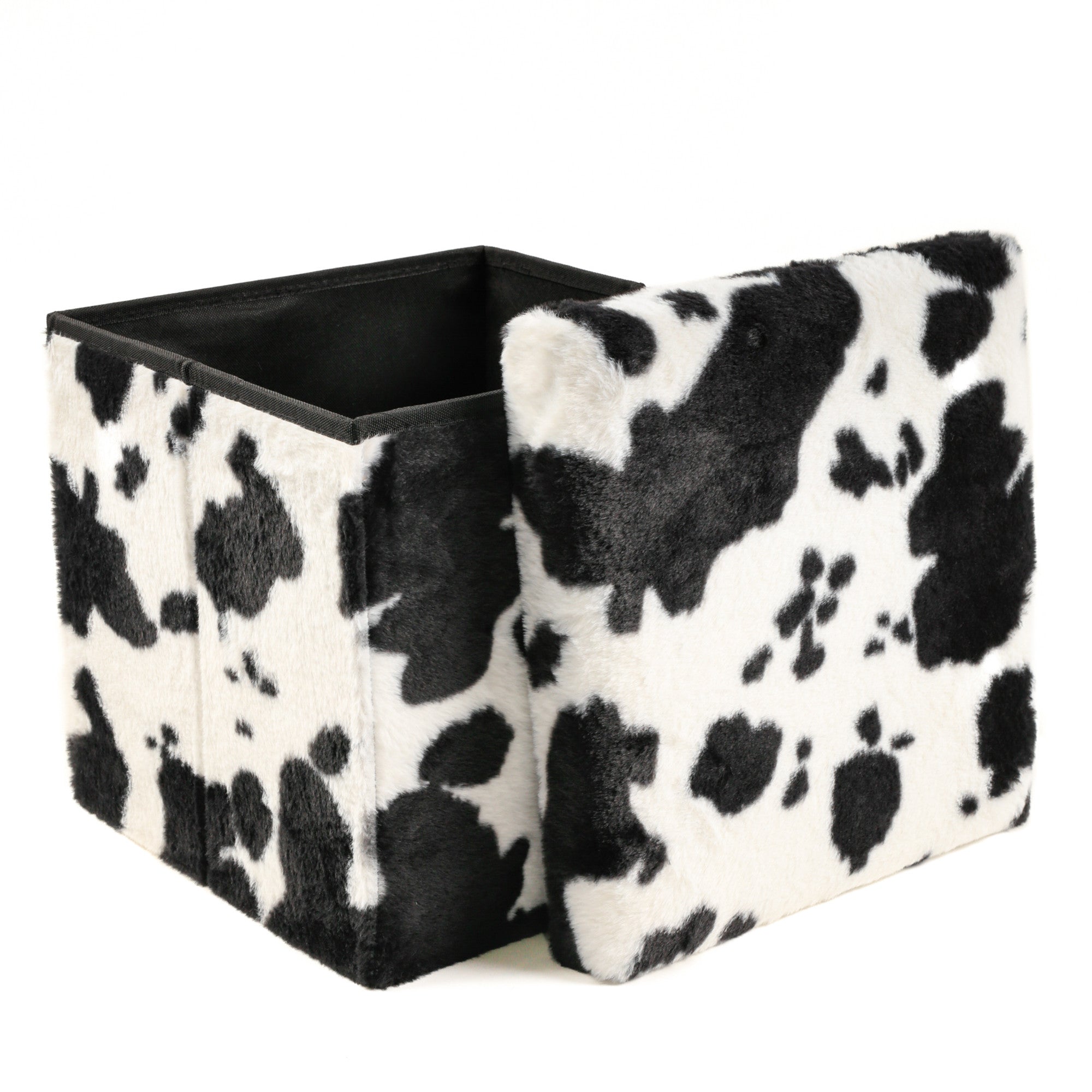 15" Black and White Faux Fur Cow Print Storage Ottoman