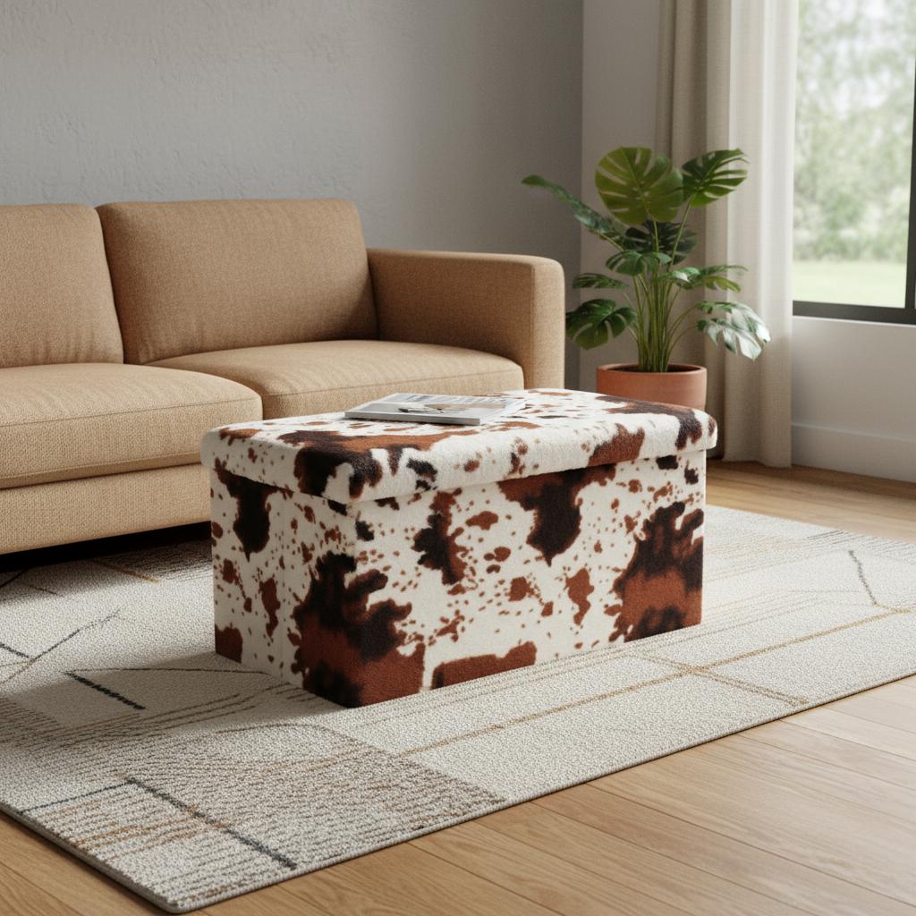 30" White and Brown Faux Fur Cow Print Storage Ottoman