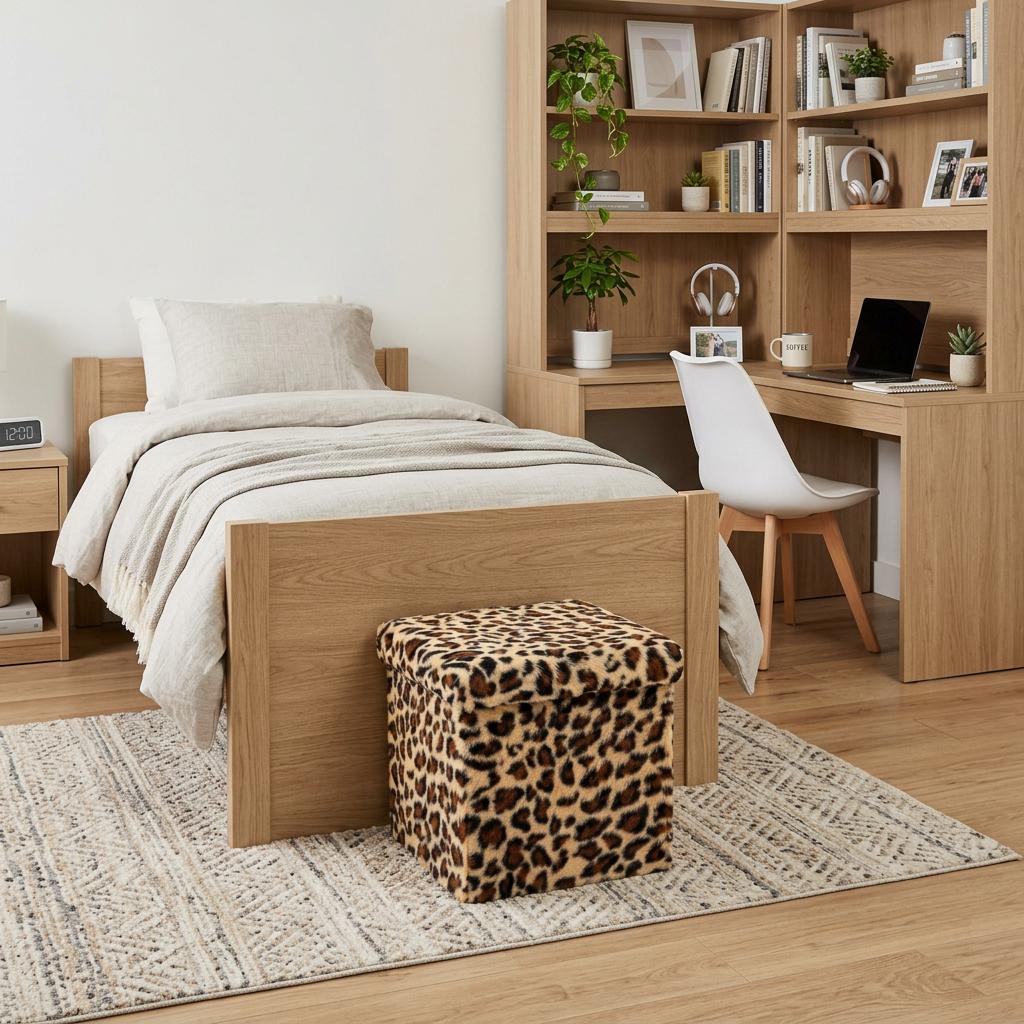 12" Black and Tan Faux Fur Leopard Storage Ottoman