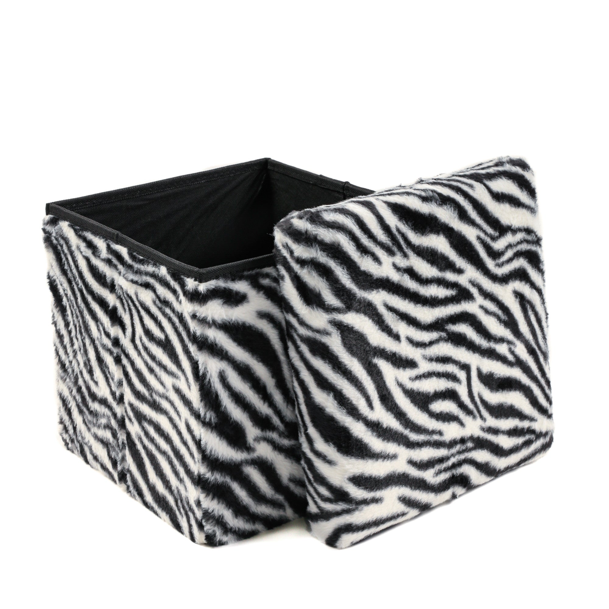 12" Black and White Faux Fur Zebra Storage Ottoman