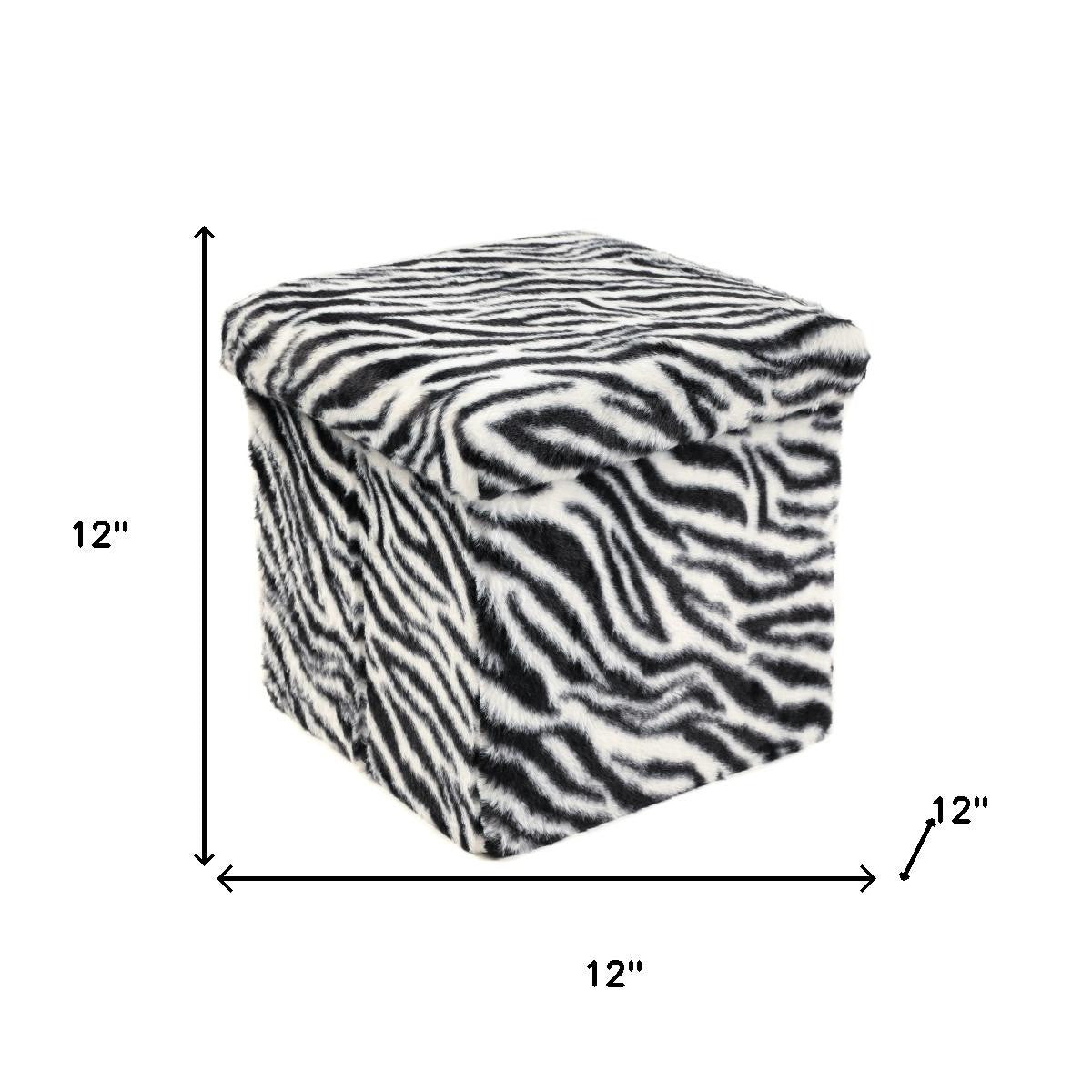 12" Black and White Faux Fur Zebra Storage Ottoman