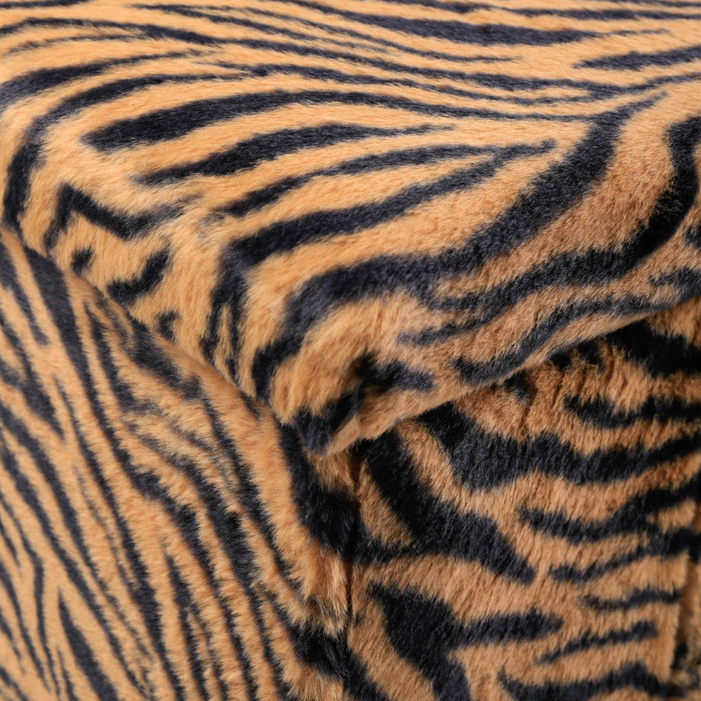 15" Tan and Black Faux Fur Tiger Storage Ottoman