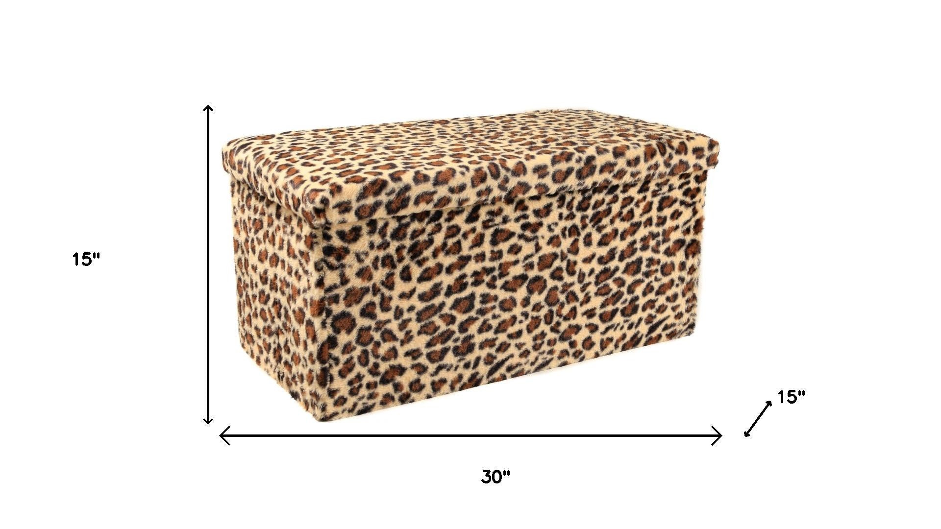 30" Tan and Black Faux Fur Leopard Storage Ottoman