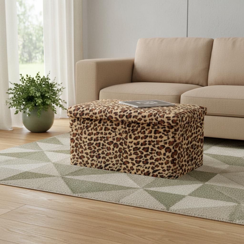 30" Tan and Black Faux Fur Leopard Storage Ottoman