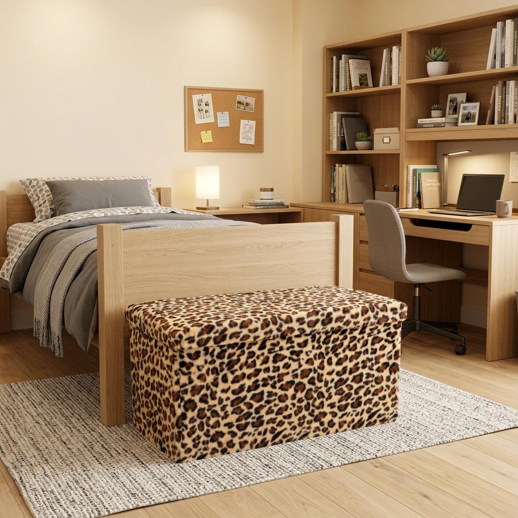 30" Tan and Black Faux Fur Leopard Storage Ottoman
