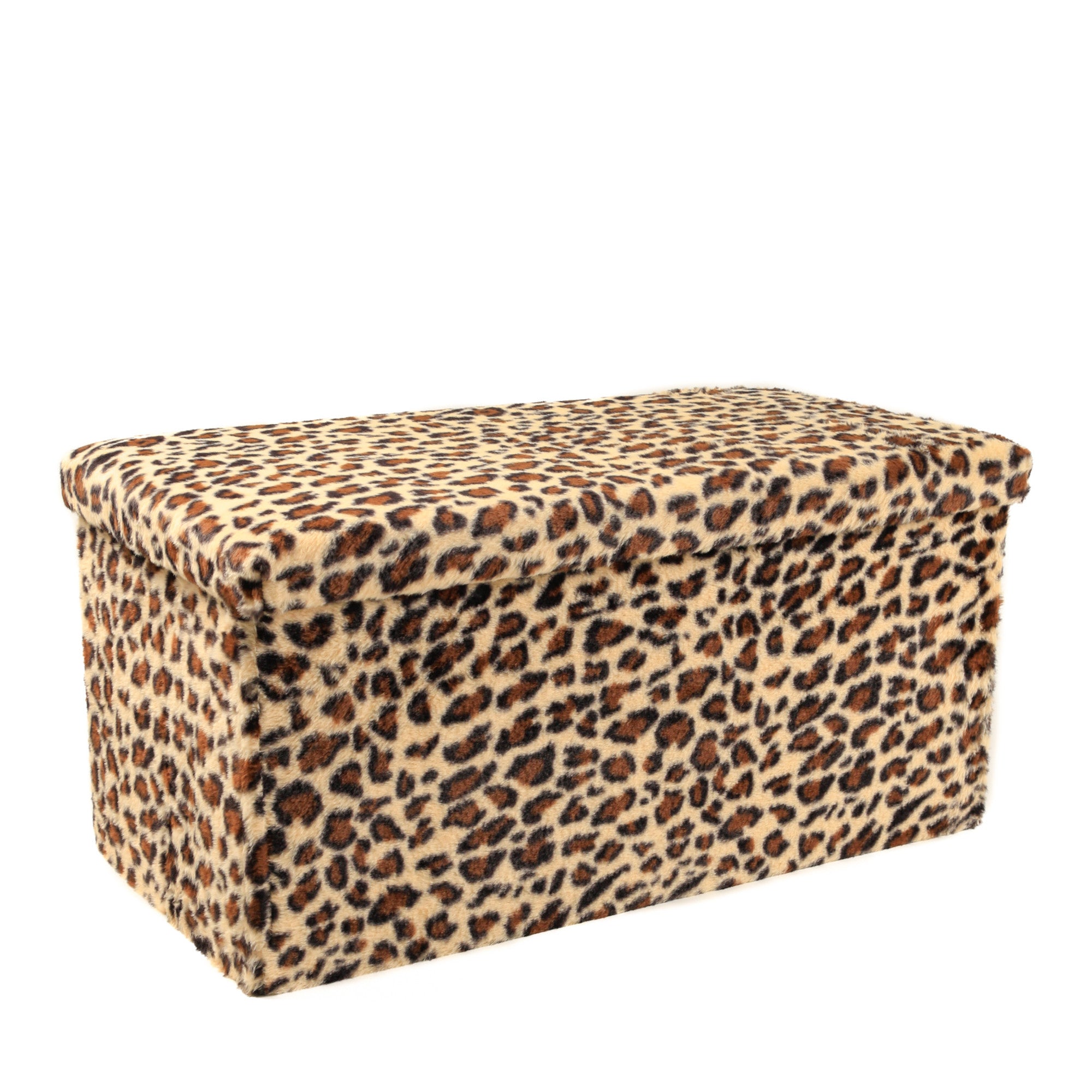 30" Tan and Black Faux Fur Leopard Storage Ottoman