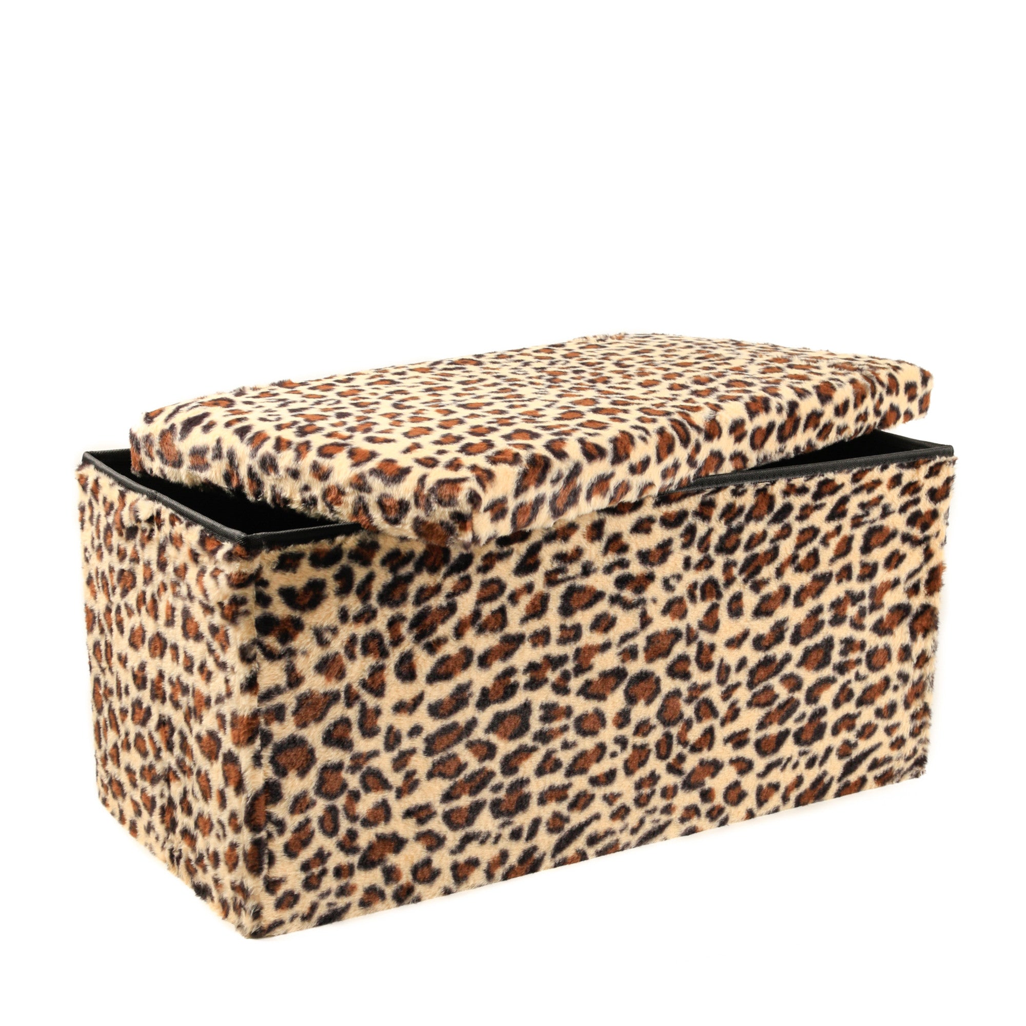 30" Tan and Black Faux Fur Leopard Storage Ottoman