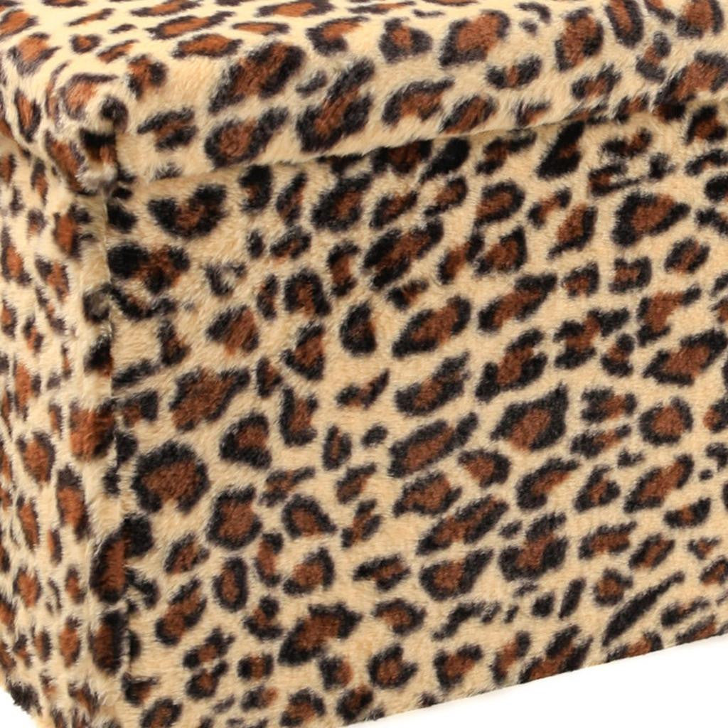 30" Tan and Black Faux Fur Leopard Storage Ottoman