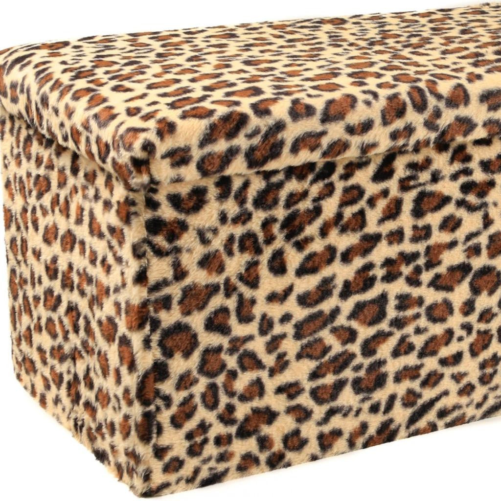 30" Tan and Black Faux Fur Leopard Storage Ottoman