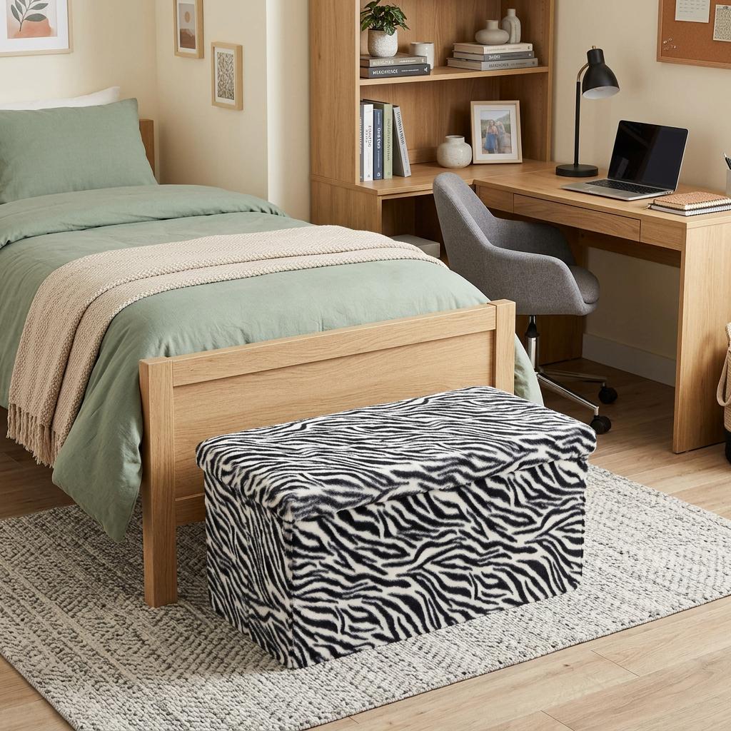 30" Black and White Faux Fur Zebra Storage Ottoman