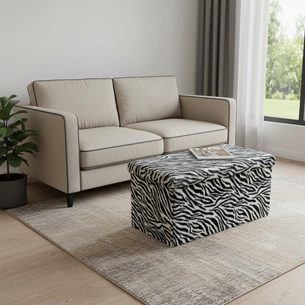 30" Black and White Faux Fur Zebra Storage Ottoman