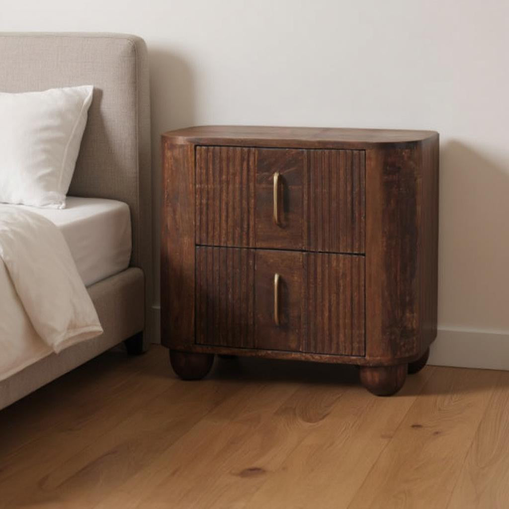 21" Brown Solid Wood Distressed Two Drawer Nightstand