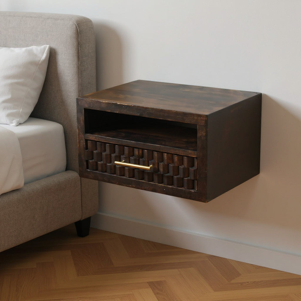 18" Brown Solid Wood One Drawer Floating Nightstand