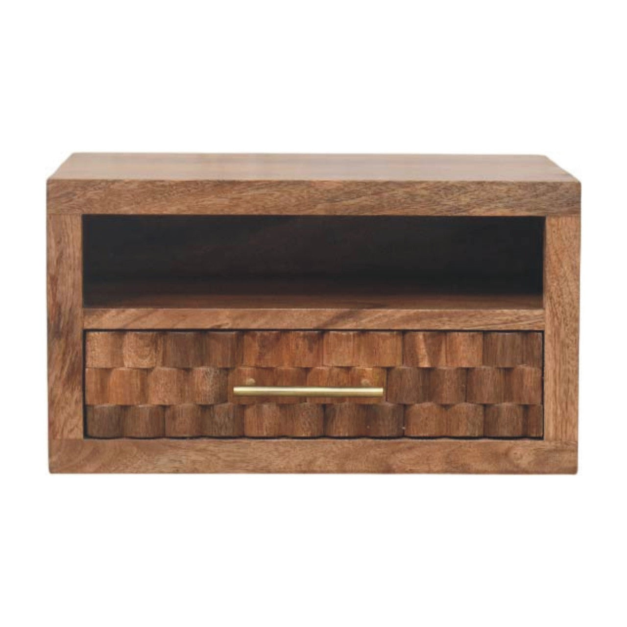 18" Brown Solid Wood Carved Geometric One Drawer Floating Nightstand