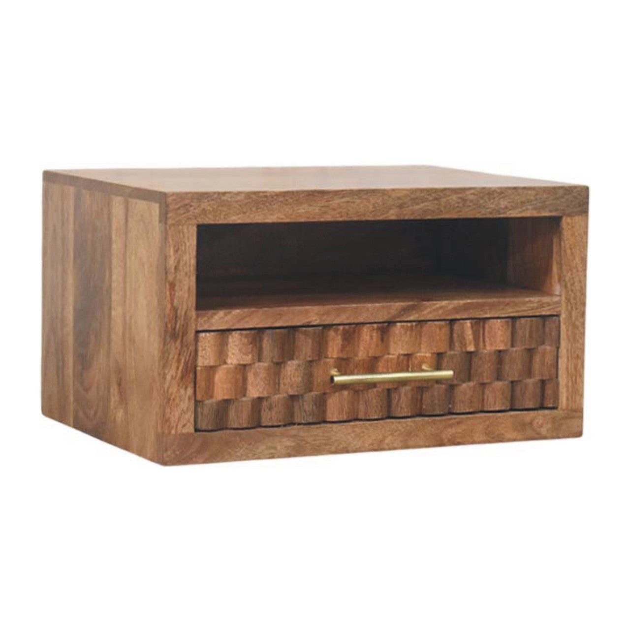18" Brown Solid Wood Carved Geometric One Drawer Floating Nightstand